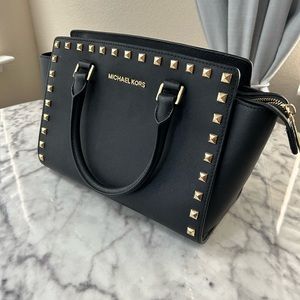 Michael Kors Selma Medium Satchel in Black with gold studs